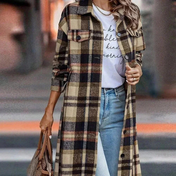 Jackets & Blazers - Navy Blue Elegant Women's Plaid Long Sleeve Button Up Shacket